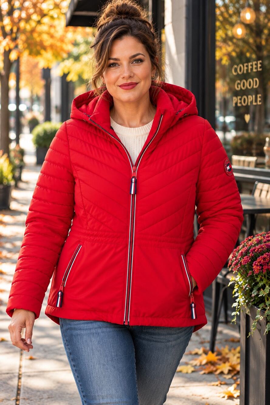 Tommy Hilfiger Women’s L Red Hooded Quilted Puffer Jacket Sorona